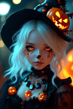 (Best Quality, 8K, 32K, masutepiece:1.3), Ultra-detailed, (Photorealistic:1.4), white colors, albino,gothic punk girl,15yo cute Girl with Halloween paint on her face, Detailed eyes, Upper body, Luxurious punk hair, Edgy Halloween fashion,(Halloween atmosphere),in Gothic Haloween costume and hat, Pumpkin motif accessories,necklace and earrings,  Avant-garde Halloween makeup, Numerous piercings,,night sky background, Backlight effect, Shallow depth of field, Blurry background,score_9, score_8_up, score_7_up, score_6_up, score_5_up, score_4_up,