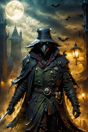 (((Top Quality: 1.4))), (Art by Todd McFarlane and Greg Capullo),Spawn comic style,(Unparalleled Masterpiece),(Ultra High Definition),(Ultra-Realistic 8k CG),chiaroscuro,Plague Doctor,detailed Plague Doctor's clothes ,wearing plague doctor's mask and hat , in dark medieval street,creepy atmosphere, eerie moon light penetrating makes gradient of shadows and adds depth to images, (magic mysterious background,highly detailed baclgound, glowing particles, ethereal fog, faint darkness), hype realistic cover photo awesome full color, Cinematic, (hyper detail: 1.2), perfect anatomy,more detail XL,Leonardo Style,,detailmaster2,((over waist image:1.8)),oil painting,realistic