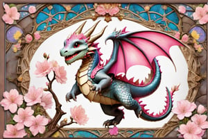 Happy, image of cute dragon,intricate details,cherry blossom background,
 blessed, welcoming , cute, adorable, vintage, art on a cracked paper, fairytale, patchwork, stained glass, storybook detailed illustration, cinematic, ultra highly detailed, tiny details, beautiful details, mystical, luminism, vibrant colors, complex background,,cute dragon