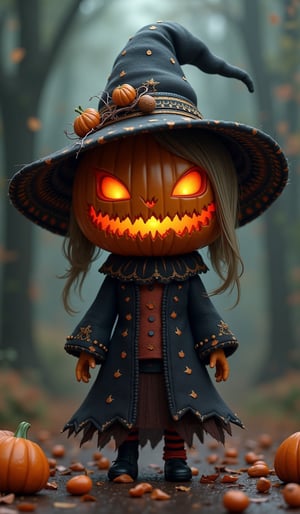  generate images of kawaii chibi characters of pumpkin head witch with a horror fantasy theme, clothes must be highly intricate, elegant, and visually striking, resembling digital paintings. Concept art must be highly detailed and flaunt beauty, Artwork will be created by highly skilled artists known for their attractive, high-quality models. Character designs will be created by Pascal Bran Schrutkowski, known for his hyper-realism. Images must be of the highest quality with cinematic lighting and 16K resolution. Great attention to symmetry will be used to make the characters mysterious and alluring. Artwork must be a masterpiece that displays total perfection and amazing attention to detail, including macro details, voluminous light, realistic reflections on surfaces, and ultra-detailed textures. Utilize cinematic effects to enhance the overall visual impact. For best quality, images should be UHD and in sharp focus.
