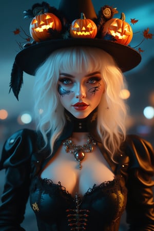 (Best Quality, 8K, 32K, masutepiece:1.3), Ultra-detailed, (Photorealistic:1.4), white colors, albino, Punk Girl, Detailed eyes, Upper body, Luxurious punk hair, Edgy Halloween fashion,(Halloween atmosphere),in Gothic Haloween costume and hat, Pumpkin motif accessories,necklace and earrings,  Avant-garde Halloween makeup, Numerous piercings,,night sky background, Backlight effect, Shallow depth of field, Blurry background,score_9, score_8_up, score_7_up, score_6_up, score_5_up, score_4_up,maya_model