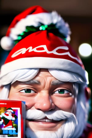 , Santa Claus is holding a magazine with sexy girl cover photo,,white hair,white beard,wearing santa costume,IncrsAnyasHehFaceMeme,tonghuazhen,((grin)),smug, peeking out face from the magazine,