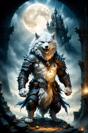 (((Top Quality: 1.4))), (Art by jean baptiste monge),(Unparalleled Masterpiece),(Ultra High Definition),(Ultra-Realistic 8k CG),chiaroscuro,cute white werwolf,king of werwolves, massive mascular body, standing,fluffy body , in dark medieval castle,horror , eerie moon light makes gradient of shadows and adds depth to images, (magic mysterious background,highly detailed baclgound, glowing particles, ethereal fog, faint darkness), hype realistic cover photo awesome full color, Cinematic, (hyper detail: 1.2), perfect anatomy,more detail XL,Leonardo Style,,detailmaster2,((over waist image:1.8)),,realistic,monster,eyes shoot