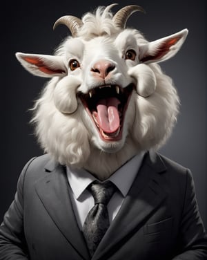  face close up image of anthropomorphic fat angora goat,(furry), dressed in a dark gray suit, (sticking out tongue:1.5),(happy smile:1.5),(), roomlighting, Cinematic, hdr, primitive, Intricate, High quality, smoothing tones, Intricate details, Low contrast,(viewed from side above:2.0), (looking up to the side:1.8), simple background,comic book