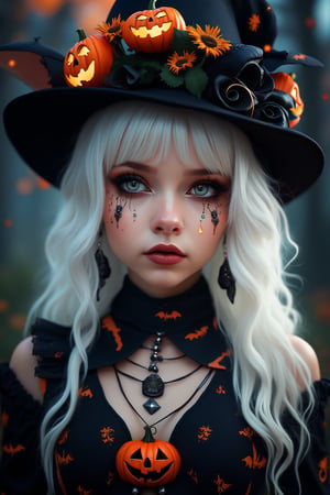 (Best Quality, 8K, 32K, masutepiece:1.3), Ultra-detailed, (Photorealistic:1.4), white colors, albino,15yo cute Girl with Halloween heavy paint on her face, Detailed eyes, Upper body, Luxurious punk hair, Edgy Halloween fashion,(Halloween atmosphere),in Gothic Haloween costume and hat, Pumpkin motif accessories,necklace and earrings,  Avant-garde Halloween makeup, Numerous piercings,,night sky background, Backlight effect, Shallow depth of field, Blurry background,score_9, score_8_up, score_7_up, score_6_up, score_5_up, score_4_up,