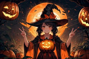   absurdres, highres, ultra detailed, (1girl:1.3), kawaiiBREAK  ,,(carries Jack o'lanterns ),(( orange witch's big hat and orange intricate robe)), shining eyes , twin_braid , black hair , little girl, 10 years old,(lovely smile),magic circle background,in forest,happy Halloween atmosphere, fluid textures,,moonlight,intricate details, 32k digital painting, hyperrealism, (vivid color,abstract background:1.3, colorful:1.3, flowers:1.2, pumpkins:1.1,zentangle:1.2, fractal art:1.1) , parted bangs, SUPER HIGH quality, in 8K , intricate detail, ultra-detailed,(action pose:1.5),(upper body image:1.5),realhands,Circle