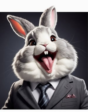 face close up image of anthropomorphic fat angora rabbit,(furry), dressed in a dark gray suit,(front teeth), (sticking out tongue:1.5),(happy smile:1.5),(naughty look), roomlighting, Cinematic, hdr, primitive, Intricate, High quality, smoothing tones, Intricate details, Low contrast,(viewed from side above:2.0), (looking up to the side:2.0), simple background,comic book