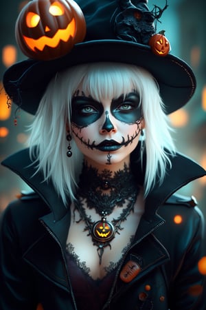 (Best Quality, 8K, 32K, masutepiece:1.3), Ultra-detailed, (Photorealistic:1.4), white colors, albino, Punk Girl with Halloween paint on her face, Detailed eyes, Upper body, Luxurious punk hair, Edgy Halloween fashion,(Halloween atmosphere),in Gothic Haloween costume and hat, Pumpkin motif accessories,necklace and earrings,  Avant-garde Halloween makeup, Numerous piercings,,night sky background, Backlight effect, Shallow depth of field, Blurry background,score_9, score_8_up, score_7_up, score_6_up, score_5_up, score_4_up,maya_model