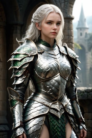 European style, fantasy, solo, cute girl, wearing dragon armor, white & silver long hair, battle, faithing, enemy, ruins,face forward,looking_at_viewer , (masterpiece), (best quality), (ultra-detailed), (an extremely delicate and beautiful), ((textile shading)), (caustics), (((sharp focus))),dragon armor