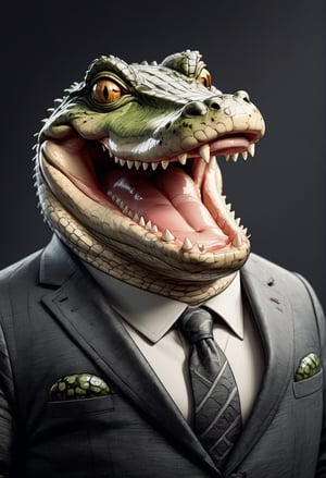 face close up illustration of anthropomorphic (fat)baby crocodile ,(cute), (lovely),dressed in a dark gray suit, (sticking out tongue:1.5),(happy smiling eyes:1.5),(smile:1.2),wearing glasses, soft lighting, Cinematic, hdr, primitive, Intricate, High quality, smoothing tones, Intricate details, Low contrast,(viewed from side:2.0), (looking at viewer:1.5), simple background,comic book