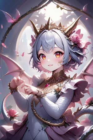 portrait of cute dragon,(dynamic  pose), Realism,One Girl, A girl whose entire body is organically composed of intertwining roses and thorny vines. The scales adorning her cheeks shimmer with prisms of glass and delicate shades of blooming roses, and sharp thorns protrude from them. Elegant golden chains and gemstones jewelry and ornaments, a soft smile on her face.),more detail XL,,cute dragon,sticker,DonMS4kur4XL,Decora_SWstyle
