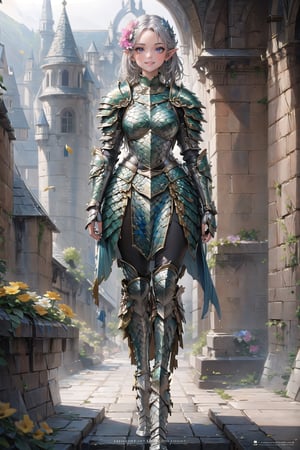 (masterpiece, best quality), (ultra detailed),(absurdres), 1 girl wearing armor,(baby face:1.1),pointy ears,right bule hair,kindly smile,(flower:1.4),Matte Painting,full body,(fantasy world),stone buildings,dragon armor