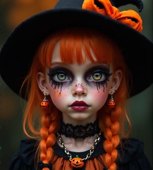 half body portrait of 10yo kawaii girl with Halloween heavy paint on face, in Gothic Haloween costume and hat,higly detailed skin texture ,(looking at camera:1.5),(gothic),fractal punk, orange braid hair, matte painting portrait shot, beautiful girl, pink fair skin, she is dressed in Halloween clothes, Pumpkin motif accessories,necklace and earrings, Halloween atmosphere, heavy makeup,orange theme,score_9, score_8_up, score_7_up, score_6_up, score_5_up, score_4_up,