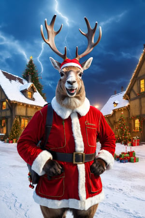 hd,2k,4k,hight quality,A photorealistic, high-resolution ,photorealistic portrait of Dressed animals - a reindeer operator, wearing a construction helmet, holding many Christmas ornaments,standing in front of medieval Santa Claus's house  . The reindeer should look sturdy and unfazed despite the harsh weather conditions. The construction helmet should fit well on the reindeer's head,  various elements like cranes, house under construction, both hands are full  of Christmas ornaments  ,Christmas atmosphere,  and perhaps even lightning in the background. The image should capture the drama and urgency of the situation while highlighting the llama's unique presence in this industrial setting,(),happy