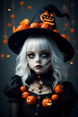 (Best Quality, 8K, 32K, masutepiece:1.3), Ultra-detailed, (Photorealistic:1.4), white colors, albino,15yo cute Girl with Halloween heavy paint on her face, child-like face,Detailed eyes, Upper body, Luxurious punk hair, Edgy Halloween fashion,(Halloween atmosphere),in Gothic Halloween costume and hat, Pumpkin motif accessories,necklace and earrings,  Avant-garde Halloween makeup, Numerous piercings,,night sky background, Backlight effect, Shallow depth of field, Blurry background,score_9, score_8_up, score_7_up, score_6_up, score_5_up, score_4_up,