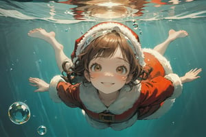 foreshortening,  depth of field, masterpiece, best quality, 1girl, brown hair, brown eyes,  long hair, underwater, air bubble, solo, looking at viewer,(lovely smile), (wearing Santa Claus costume), swimming,  dappled sunlight, in the style of esao andrews