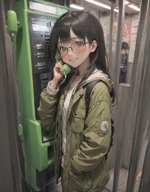 best quality, ultra-detailed, illustration, japanese girl, cute, (shy smile),
Japan, Payphone, scenery, phone, blurry, indoors, close-up, realistic, photo background, 
1girl, glasses, black hair, long hair, Field jacket, Cargo pants, boots, face palm, :o
  
,Japan