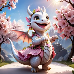  portrait of cute dragon,(singing pose), high quality,() ,intricate details, highly detailed dress ,smile,highly detailed flower decorations, long tail , (wind effect), cherry_blossom background,sun light,perfect lighting,(full body image:1.5),more detail XL,,cute dragon,sticker,ULTIMATE LOGO MAKER [XL],disney pixar style