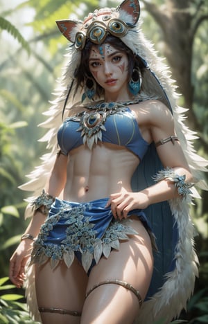 fashion photography portrait of 1girl, princess mononoke,(wearing (princess mononoke coscume)),standing,face paint,muscular body,slim abs,in blue lush jungle with flowers , 3d render, cgi, symetrical, octane render, 35mm, bokeh, 9:16, (intricate details:1.12), hdr, (intricate details, hyperdetailed:1.15), (natural skin texture, hyperrealism, soft light, sharp:1.2),(half body image from head to thigh:1.5),realistic,realism,photorealistic,Masterpiece,nargacuga armor,Realism,More Detail,princessmononoke,character,1 girl,(viewed from below),(looking at viewer)