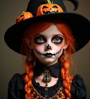 half body portrait of 10yo kawaii girl with Halloween heavy paint on face, in Gothic Haloween costume and hat,higly detailed skin texture ,(looking at camera:1.5),(gothic),fractal punk, orange braid hair, matte painting portrait shot, beautiful girl, pink fair skin, she is dressed in Halloween clothes, Pumpkin motif accessories,necklace and earrings, Halloween atmosphere, heavy makeup,orange theme,score_9, score_8_up, score_7_up, score_6_up, score_5_up, score_4_up,