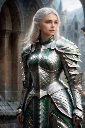 European style, fantasy, solo, cute girl, wearing dragon armor, white & silver long hair, faithing,, ruins background,(cowboy shot:1.5) , (masterpiece), (best quality), (ultra-detailed), (an extremely delicate and beautiful), ((textile shading)), (caustics), (((sharp focus))),dragon armor,more detail XL