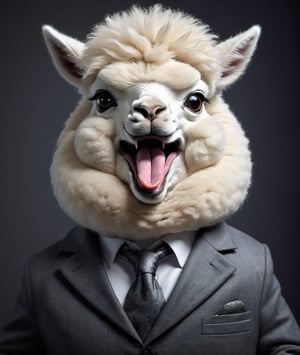 face close up image of anthropomorphic baby alpaca,(tongue), furry,dressed in a dark gray suit, (sticking out tongue:1.5),( smile:1.2),(cute:1.2), soft lighting, Cinematic, hdr, primitive, Intricate, High quality, smoothing tones, Intricate details, Low contrast,), (looking up to viewer), simple background,comic book