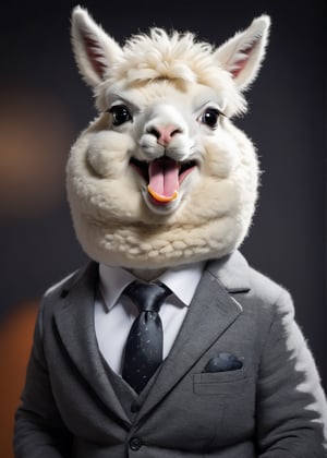 face close up image of anthropomorphic [fat] cute white alpaca,(furry), dressed in a dark gray suit, (sticking out tongue:1.5),(happy smile:1.5),(naughty look), roomlighting, Cinematic, hdr, primitive, Intricate, High quality, smoothing tones, Intricate details, Low contrast,(viewed from side:2.0), (looking at viewer:1.2), simple background