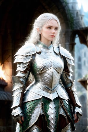 European style, fantasy, solo, cute girl, wearing dragon armor, white & silver long hair, faithing,, ruins background,(cowboy shot:1.5) , (masterpiece), (best quality), (ultra-detailed), (an extremely delicate and beautiful), ((textile shading)), (caustics), (((sharp focus))),dragon armor