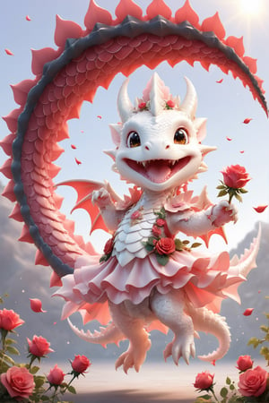  portrait of cute dragon,(dynamic  pose), high quality,(happy atmosphere) ,holding a red rose,smile, , (wind effect), red roses background,sun light,(full body image:1.5),,,cute dragon,