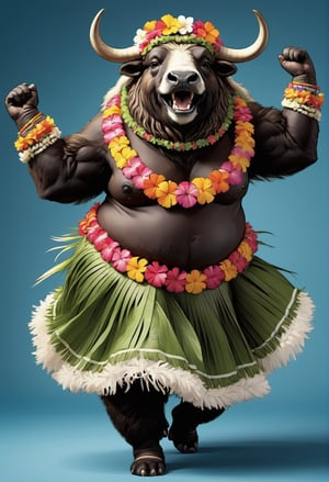  portrait of Dressed animals - a ((fat)) baby musk ox hula dancer,(hula dancing:2.0), (swinging arms :2.0),(happy smile:1.2),high quality,(happy),(lovely) ,intricate details, (furry), highly detailed ((female hula dance costume)) ,highly detailed decorations, wearing (bikini) aloha shirts and flower lei , (happy), studio lighting,(full body image:1.5),simple background,(viewed from side:2.0),(perfect hands)comic book,comic book