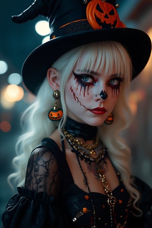 (Best Quality, 8K, 32K, masutepiece:1.3), Ultra-detailed, (Photorealistic:1.4), white colors, albino,14yo Girl with Halloween heavy paint on her face, Detailed eyes, Upper body, Luxurious punk hair, Edgy Halloween fashion,(Halloween atmosphere),in Gothic Haloween costume and hat, Pumpkin motif accessories,necklace and earrings,  Avant-garde Halloween makeup, Numerous piercings,,night sky background, Backlight effect, Shallow depth of field, Blurry background,score_9, score_8_up, score_7_up, score_6_up, score_5_up, score_4_up,