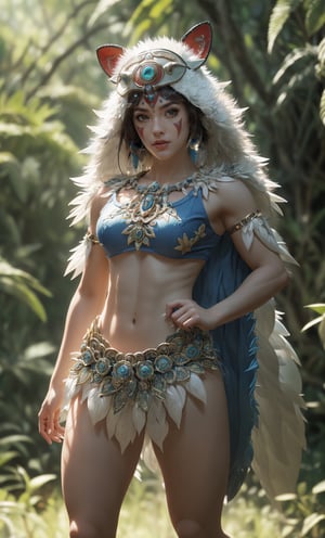 fashion photography portrait of 1girl, princess mononoke,(wearing (princess mononoke coscume)),standing,face paint,muscular body,slim abs,in blue lush jungle with flowers , 3d render, cgi, symetrical, octane render, 35mm, bokeh, 9:16, (intricate details:1.12), hdr, (intricate details, hyperdetailed:1.15), (natural skin texture, hyperrealism, soft light, sharp:1.2),(full body image:1.5),realistic,realism,photorealistic,Masterpiece,nargacuga armor,Realism,More Detail,princessmononoke,character,1 girl,(viewed from below),