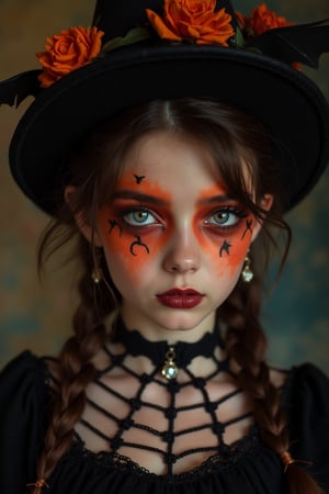 upper body portrait of 15yo cute girl with Halloween paint on face, in Gothic Haloween costume and hat, (glaring at camera:1.5),(gothic),fractal punk, braid hair, matte painting portrait shot, beautiful girl, pink fair skin, she is dressed in Halloween clothes, Pumpkin motif accessories,necklace and earrings, Halloween atmosphere, heavy makeup,orange theme,score_9, score_8_up, score_7_up, score_6_up, score_5_up, score_4_up,