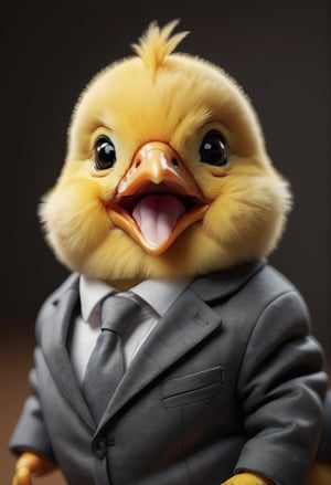face close up photo of anthropomorphic baby chick,(tongue,beak), (furry),dressed in a dark gray suit, (sticking out tongue:1.5),(happy smiling eyes:1.5),(smile:1.2), soft lighting, Cinematic, hdr, primitive, Intricate, High quality, smoothing tones, Intricate details, Low contrast,(viewed from side:2.0), (looking at viewer:1.5), simple background,comic book