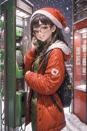 best quality, ultra-detailed, illustration, japanese girl, cute, (shy smile),
It's snowing heavyly,Christmas atmosphere,
Japan, Payphone, scenery, phone, blurry, indoors, close-up, realistic, photo background, decorated with christmas ornaments,
1girl,  red Santa Claus's hat,glasses, black hair, long hair, Field jacket, Cargo pants, boots, face palm, :o
  
,Japan