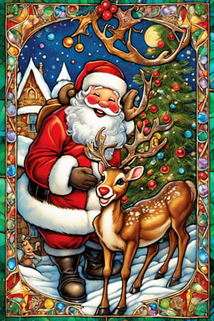 Happy, big smiles on  first christmas,  Santa Claus and reindeer,
 blessed, welcoming , cute, adorable, vintage, art on a cracked paper, fairytale, patchwork, stained glass, storybook detailed illustration, cinematic, ultra highly detailed, tiny details, beautiful details, mystical, luminism, vibrant colors, complex background