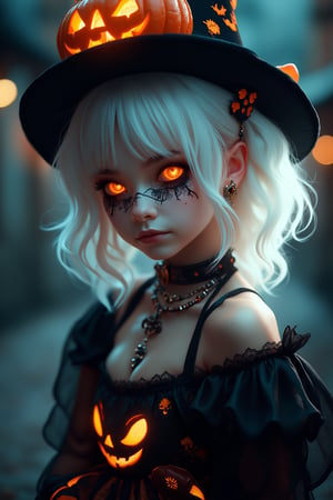 (Best Quality, 8K, 32K, masutepiece:1.3), Ultra-detailed, (Photorealistic:1.4), white colors, albino,gothic punk girl,15yo cute Girl with Halloween heavy paint on her face, Detailed eyes, Upper body, Luxurious punk hair, Edgy Halloween fashion,(Halloween atmosphere),in Gothic Haloween costume and hat, Pumpkin motif accessories,necklace and earrings,  Avant-garde Halloween makeup, Numerous piercings,,night sky background, Backlight effect, Shallow depth of field, Blurry background,score_9, score_8_up, score_7_up, score_6_up, score_5_up, score_4_up,