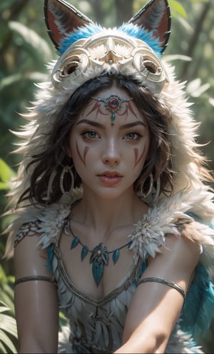 fashion photography portrait of 1girl, princess mononoke,(wearing (princess mononoke coscume)),crouching,face paint,muscular body,slim abs,in blue lush jungle with flowers , 3d render, cgi, symetrical, octane render, 35mm, bokeh, 9:16, (intricate details:1.12), hdr, (intricate details, hyperdetailed:1.15), (natural skin texture, hyperrealism, soft light, sharp:1.2),,realistic,realism,photorealistic,Masterpiece,nargacuga armor,Realism,More Detail,princessmononoke,character,1 girl,(low angle)