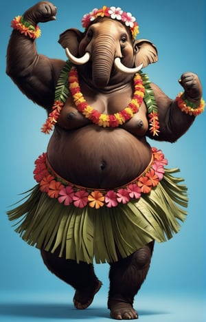  portrait of Dressed animals - a ((fat)) baby cute mammoth hula dancer,(hula dancing:2.0), (swinging arms :2.0),(happy smile:2.0),high quality,(happy),(lovely) ,intricate details, (furry:1.5), highly detailed ((female hula dance costume)) ,highly detailed decorations, wearing (bikini) aloha shirts and flower lei , (happy), studio lighting,(full body image:1.5),simple background,(viewed from side:2.0),(perfect hands)comic book,comic book