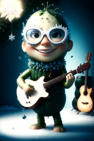 ((masterpiece:1.3,concept art,best quality,photorealistic)), very cute appealing anthropomorphism of cucumber, playing the guitar, wearing snowflake glasses,drum set background,looking at the viewer, big grin, happy,, droplets, macro, sunlight, fantasy art, dynamic composition, dramatic lighting, epic realistic, award winning illustration, more detail XL,snowflake glasses