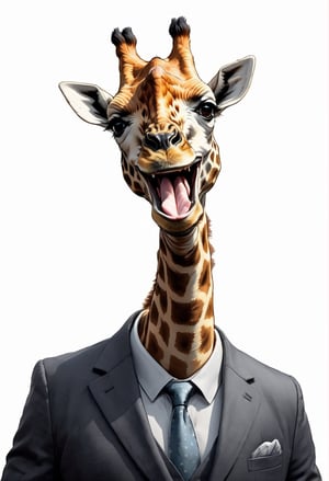 face close up photo of anthropomorphic fat  baby giraffe,(happy), dressed in a dark gray suit, (sticking out tongue:1.5),(happy smile:1.5),(cute), soft lighting, Cinematic, hdr, primitive, Intricate, High quality, smoothing tones, Intricate details, Low contrast,(viewed from side:2.0), (looking to the side:1.5), simple background, comic book