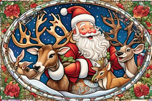 Happy, big smiles on  first christmas,  Santa Claus and reindeer,intricate details,
 blessed, welcoming , cute, adorable, vintage, art on a cracked paper, fairytale, patchwork, stained glass, storybook detailed illustration, cinematic, ultra highly detailed, tiny details, beautiful details, mystical, luminism, vibrant colors, complex background
