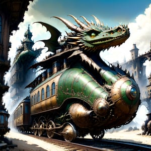 dragon train,buildings background, (masterpiece), (best quality), , Wasten land, post-apocalyptic world, (viewed from below:1.9), wide angle:1.5,
, 
