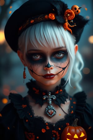 (Best Quality, 8K, 32K, masutepiece:1.3), Ultra-detailed, (Photorealistic:1.4), white colors, albino,15yo cute Girl with Halloween heavy paint on her face, child-like face,Detailed eyes, Upper body, Luxurious punk hair, Edgy Halloween fashion,(Halloween atmosphere),in Gothic Halloween costume and hat, Pumpkin motif accessories,necklace and earrings,  Avant-garde Halloween makeup, Numerous piercings,,night sky background, Backlight effect, Shallow depth of field, Blurry background,score_9, score_8_up, score_7_up, score_6_up, score_5_up, score_4_up,