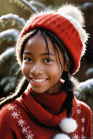 Mezzotint color print of a beautiful young black 
girl , wearing red knit and white knit hat,tangled hair, detailed face, lovely smile,simple red dress, art by Jean-Baptiste Monge,art by Hans Bellmer,beautymix