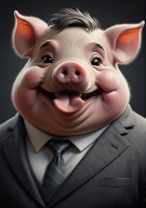 face close up illustration of anthropomorphic (fat)baby pig ,(furry), (lovely),dressed in a dark gray suit, (sticking out tongue:1.5),(happy smiling eyes:1.5),(smile:1.2),wearing glasses, soft lighting, Cinematic, hdr, primitive, Intricate, High quality, smoothing tones, Intricate details, Low contrast,(viewed from side:2.0), (looking at viewer:1.5), simple background,comic book