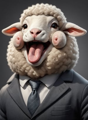 face close up image of anthropomorphic baby sheep,(tongue), (furry),dressed in a dark gray suit, (sticking out tongue:1.5),(happy smile),(innocent:1.2), soft lighting, Cinematic, hdr, primitive,smooth cheek , High quality, smoothing tones, primitive, Low contrast,(viewed from side), (looking to the side), simple background,comic book