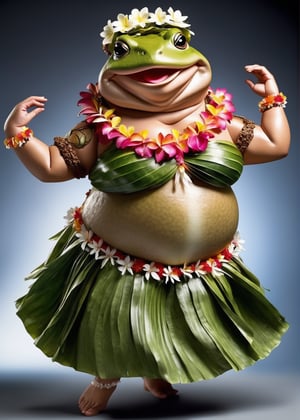 portrait of Dressed animals - a ((fat)) toad hula dancer,(hula dancing:2.0), (dancing pose:1.5),high quality,(happy),(lovely),(perfect hands), ,intricate details, highly detailed ((female hula dance costume)) ,highly detailed decorations, wearing flower lei and bikini, (happy), studio lighting,(full body image:1.5),simple background,(:1.5)(perfect hands:1.5),comic book