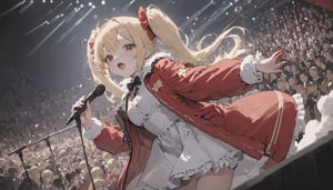 depth of field, masterpiece, best quality, 1girl, solo focus, face foucus, holding microphone, music, red jacket, white dress, thighhighs, white gloves, red bow, dress, blonde hair, twintails, concert, floating hair