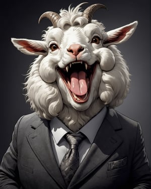  face close up image of anthropomorphic fat angora goat,(furry), dressed in a dark gray suit, (sticking out tongue:1.5),(happy smile:1.5),(), roomlighting, Cinematic, hdr, primitive, Intricate, High quality, smoothing tones, Intricate details, Low contrast,(viewed from side above:2.0), (looking up to the side:1.8), simple background,comic book